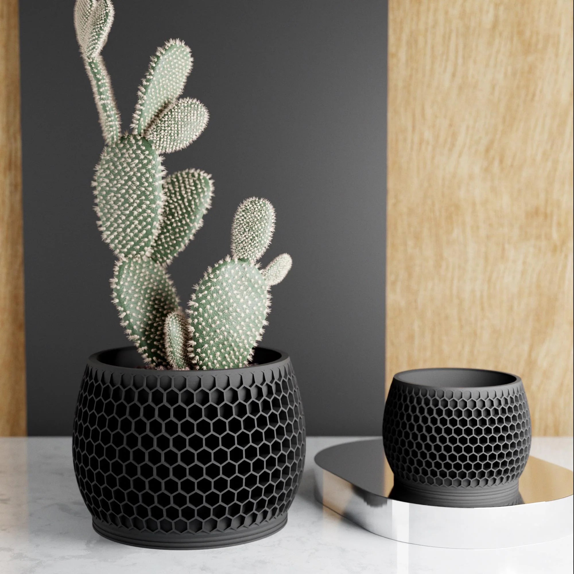 Wood Honeycomb Planter, Unique 3D Printed Plant Pot with Drainage & Saucer for Houseplants, 9 Color Options, Small to Large, 4 5 6 7 8 Inch