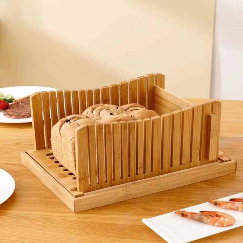 New Bamboo Bread Slicer Cutting Bread and Toast Slicer Adjustable Thickness with Tray for Holding Breadcrumbs Baking Supplies
