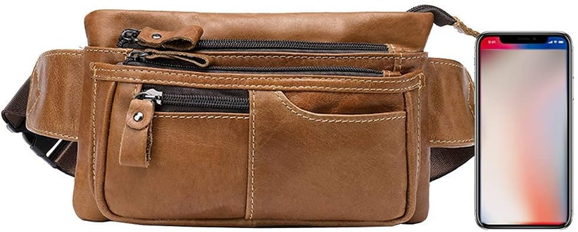 Leather Waist Pack Belt Fanny Bag for Men Women Hip Bum Purse Travel Hiking Running Cell Phone Clutch Pouch Handbag (Light Brown)