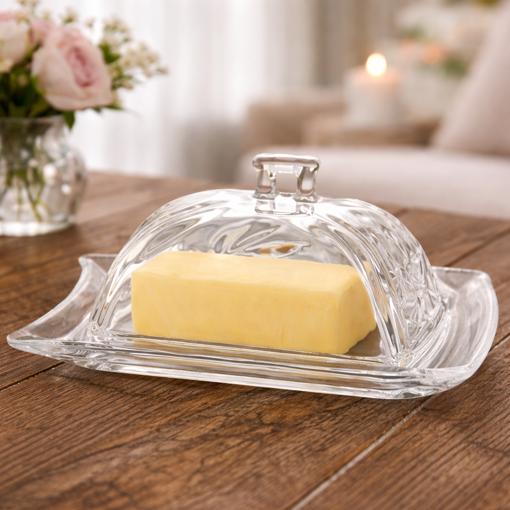 Crystal-Cut Glass Butter Dish with Cover
