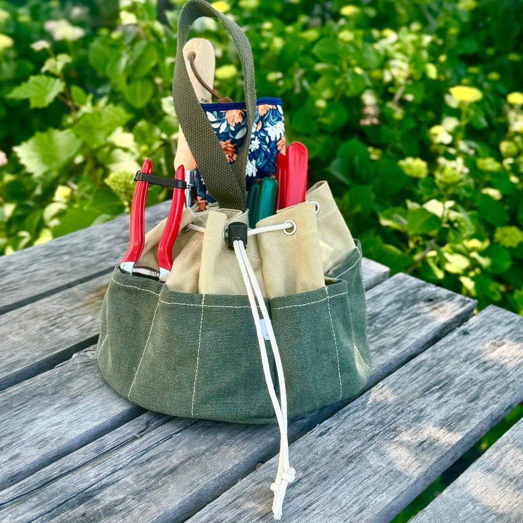 Waxed Canvas Garden Tool Organizer, Charming Bucket Tote for Cottage Garden Storage