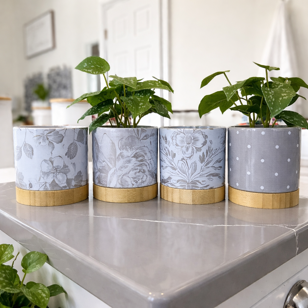 Petal & Print Ceramic Planter with Bamboo Tray 2 Designs MADE IN USA