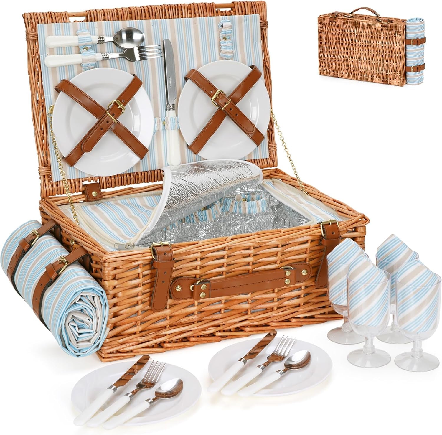 Picnic Basket Set for 2 Persons, Willow Hamper with Large Insulated Cooler Compartment, Waterproof Blanket and Cutlery Service Kit-Classical Brown