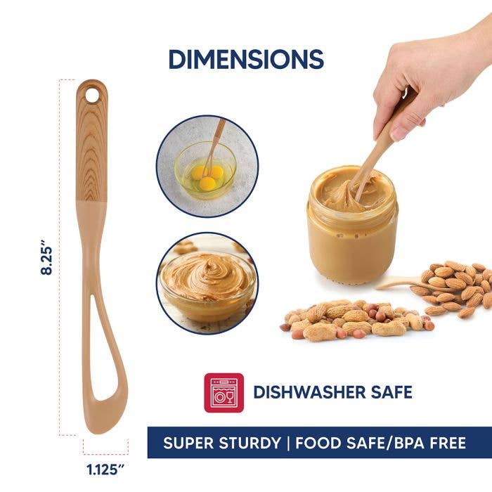 HIC Kitchen No-Mess Nut Butter Mixer dimensions infographic showing 8.25 inches tall and 1.125 inches wide, with inset images of the mixer in use with eggs and nut butter, labeled dishwasher safe, food safe, and BPA-free.
