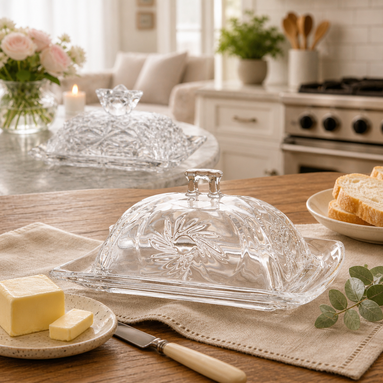 Crystal-Cut Glass Butter Dish with Cover