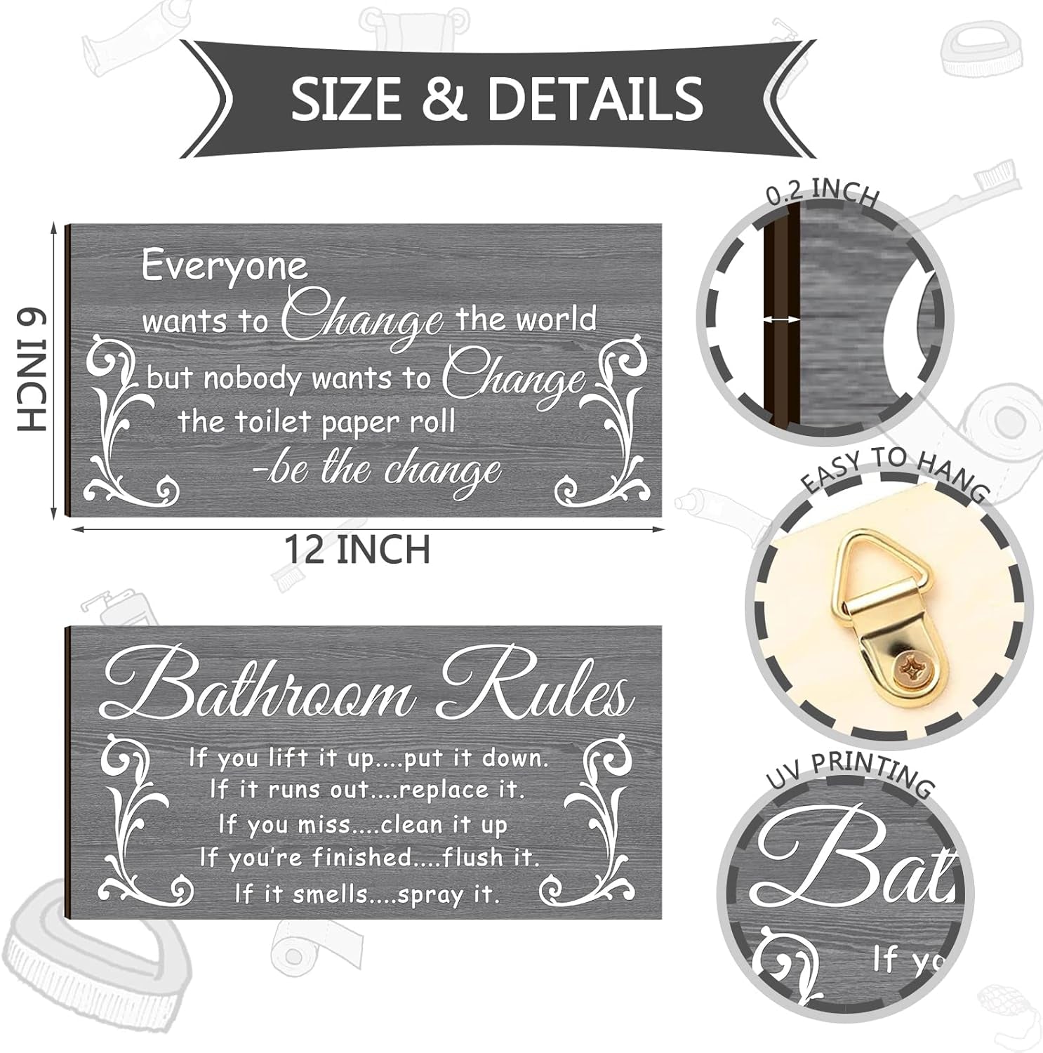 2 Pieces Funny Bathroom Signs Bathroom Wall Decor Toilet Wall Accessories Farmhouse Toilet Rustic Wooden Signs(Elegant Style)