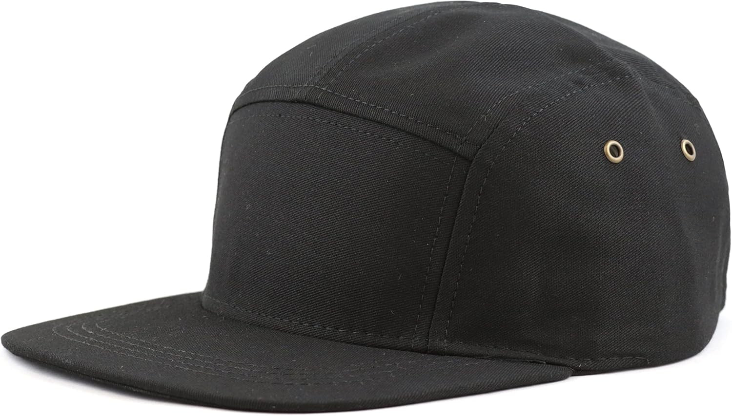 Made in USA Cotton Twill 5 Panel Flat Brim Genuine Leather Brass Biker Board Cap