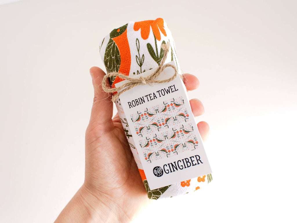 Gingiber Robin Bird Tea Towel | Artisan-Illustrated Cotton Kitchen Towel