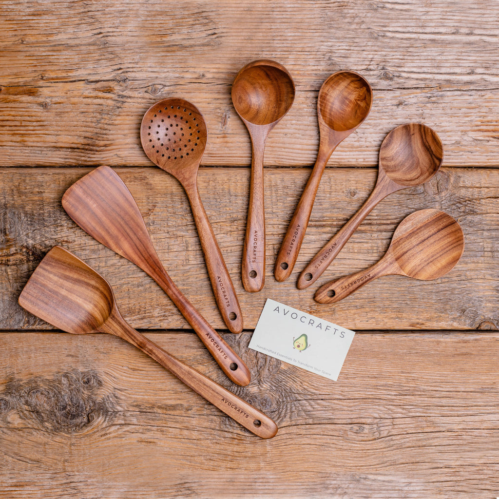 Teak Wood Handmade Kitchen Utensil Set with Holder | 7-Piece | Includes FREE Handmade Bowl Cozy
