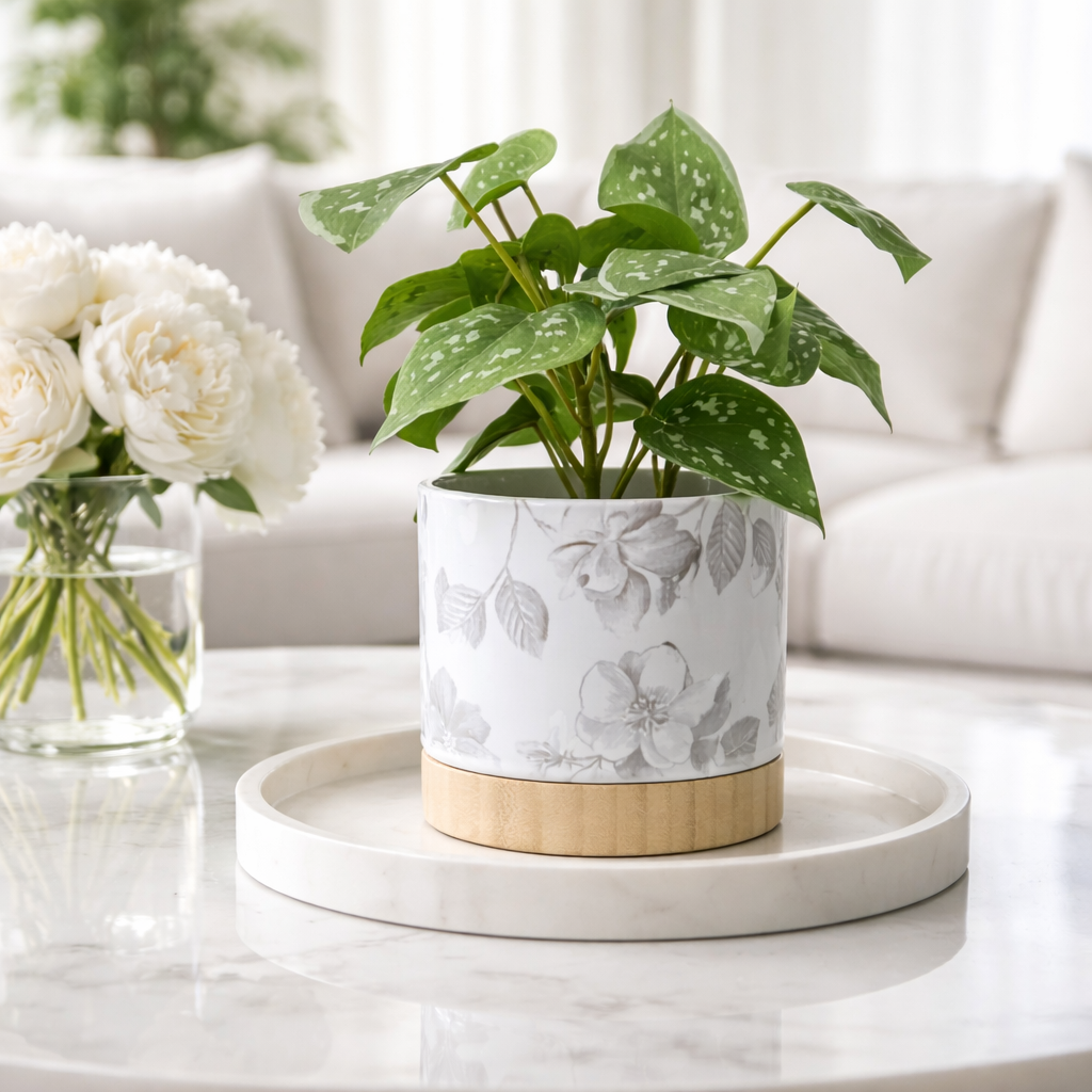 Petal & Print Ceramic Planter with Bamboo Tray 2 Designs MADE IN USA