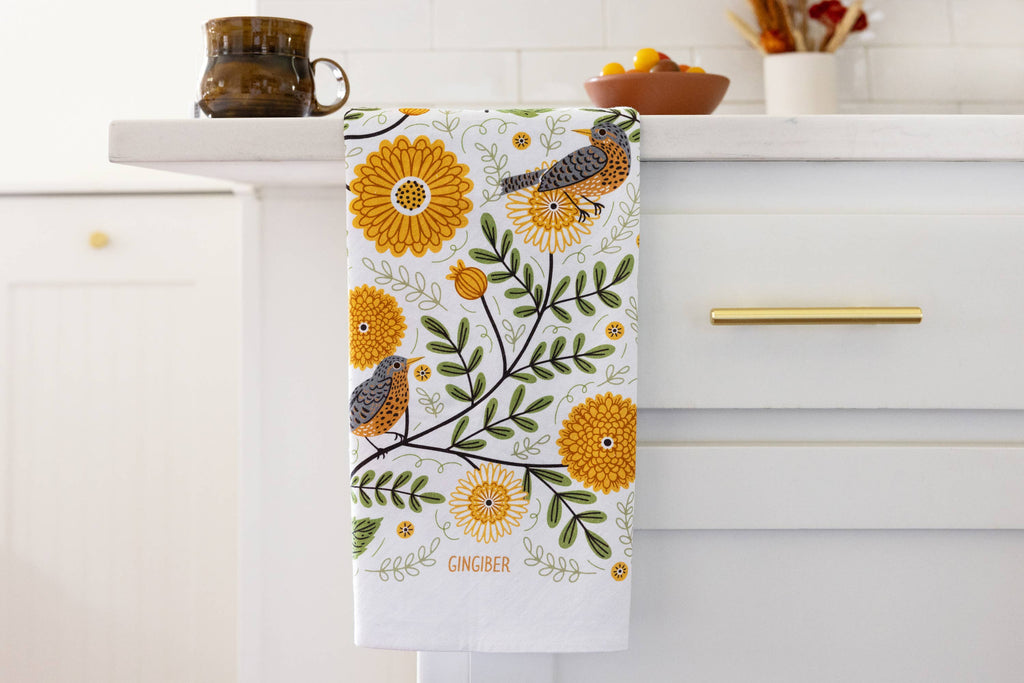 Gingiber Mums & Robins Tea Towel | Artisan-Illustrated Cotton Kitchen Towel