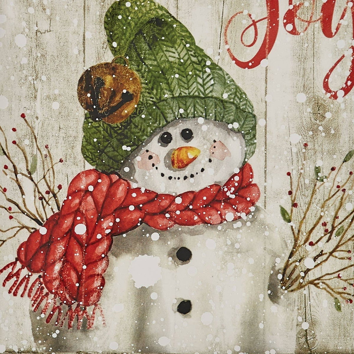 Close-up of Park Designs Farmhouse Snowman plate artwork showing smiling snowman with green knit hat, red scarf, and red berry branches"