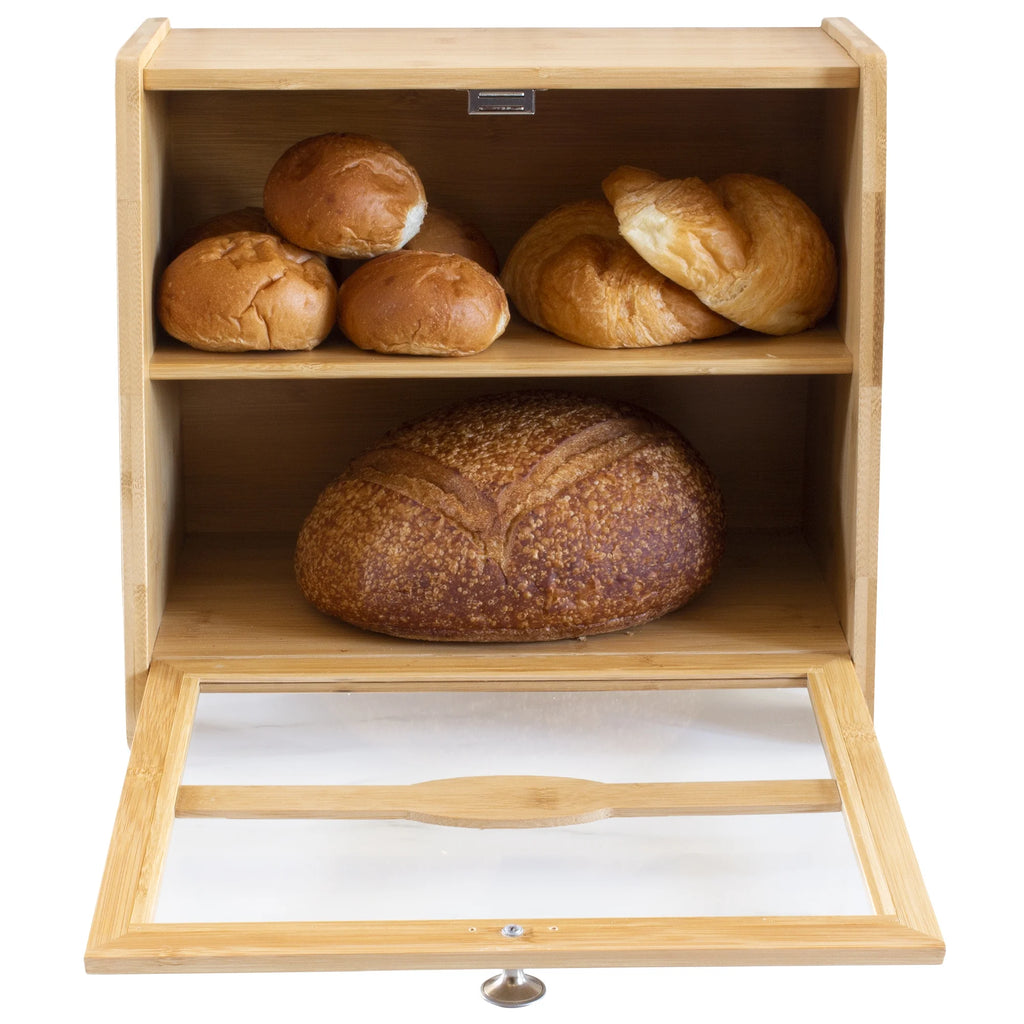 Double Layer Farmhouse Style Bamboo Bread Box with Window