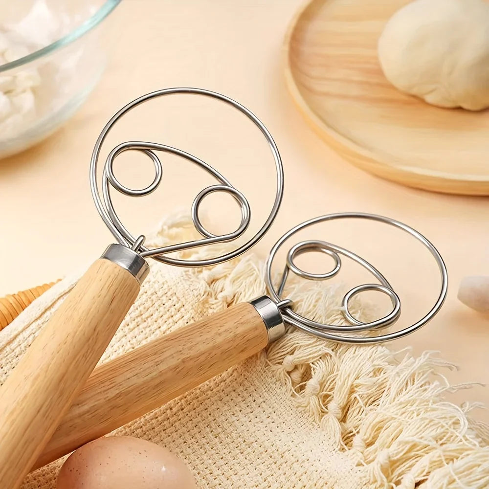 Danish Dough Whisk Stainless Steel Dough Hook Dutch Whisk for Sourdough Bread Dough Mixer Hand Wooden Handle Kitchen Whisking Mixing Tool Bread Making Tools and Supplies