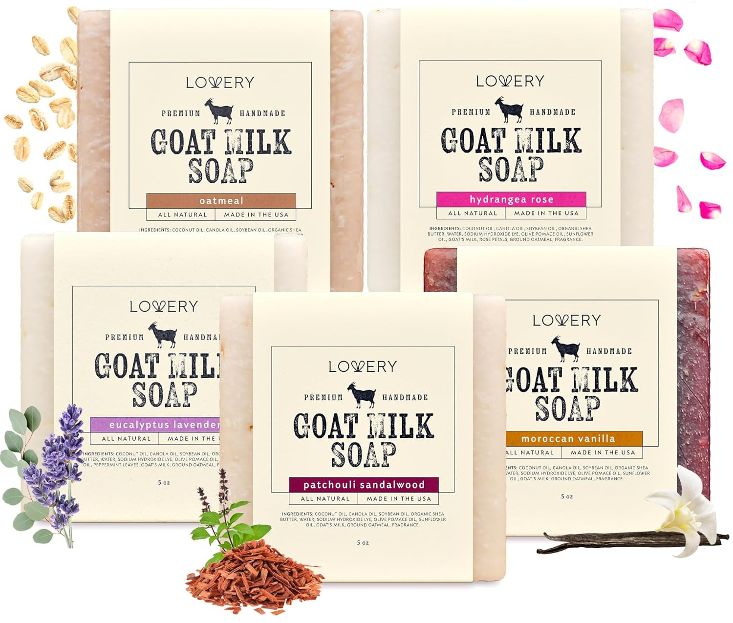 Christmas Gifts for Mom, Goat Milk Soap with Organic Shea Butter - Goats Milk Soap Bars - Oatmeal, Eucalyptus Lavender, Moroccan Vanilla, Hydrangea Rose, Patchouli Sandalwood, Natural Soap Bar, 5 Pack