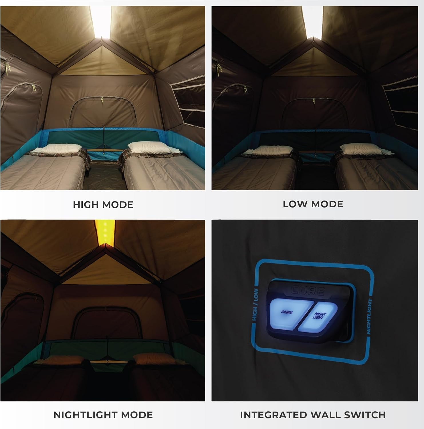 Instant Cabin Tents with LED Lights | 6 Person / 9 Person / 12 Person Family Multi Room Lighted Pop up Tents for Camping | Included Storage Pockets for Camping Accessories