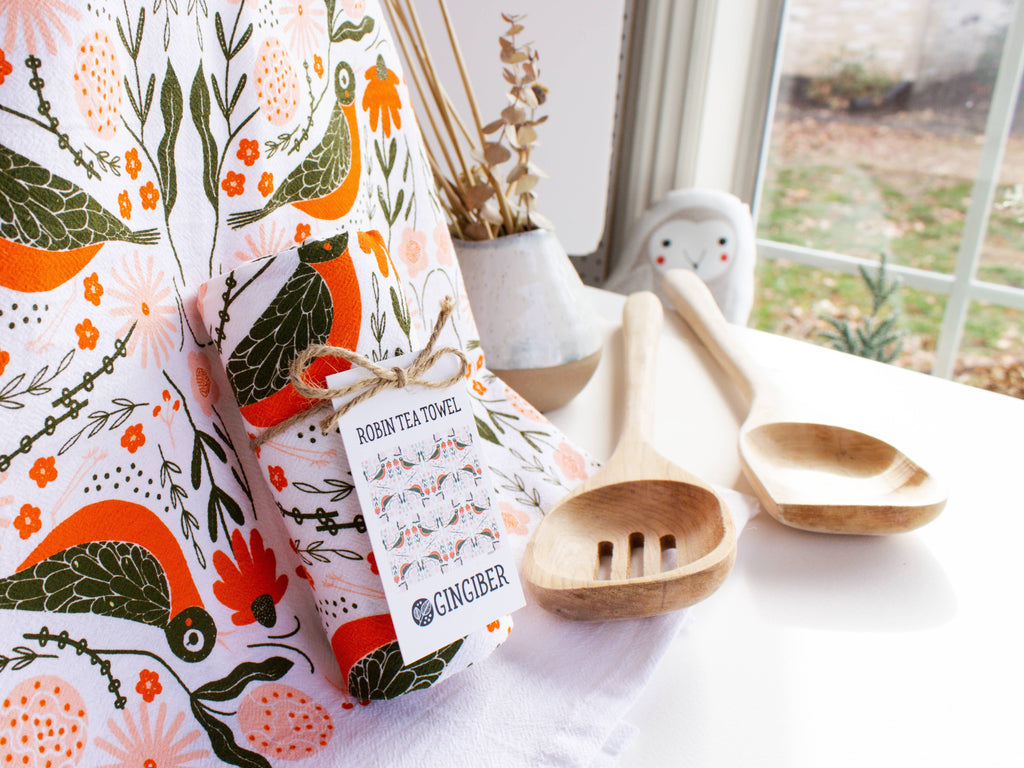 Gingiber Robin Bird Tea Towel | Artisan-Illustrated Cotton Kitchen Towel