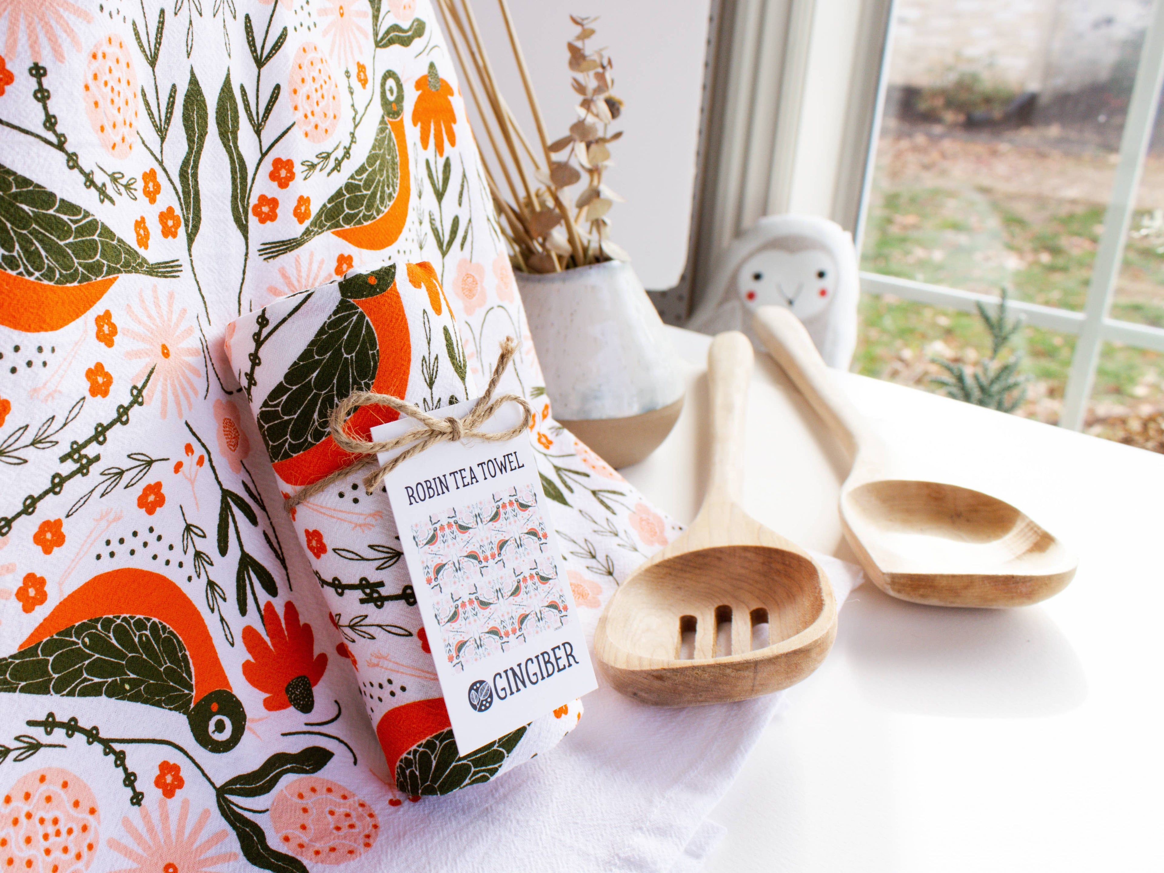 Gingiber Robin Bird Tea Towel | Artisan-Illustrated Cotton Kitchen Towel