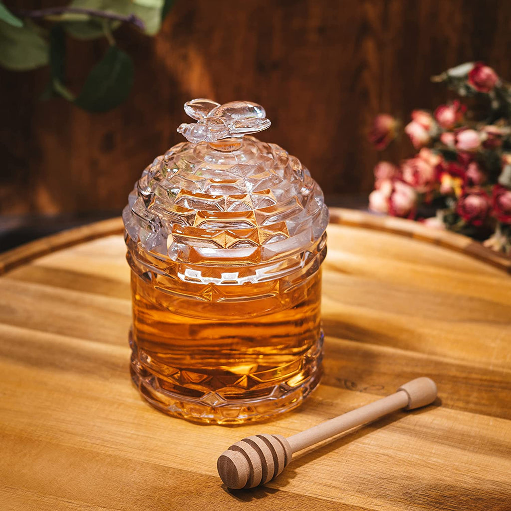 Crystal Bee Honey Dish Jar, Gift 6" - Glass Honey Pot with Dipper and Lid Cover for Home Kitchen Honey and Syrup, Gorgeous Bee Decor Beehive Honey Pot, Great for Jam, Honey, Jelly 14oz-1
