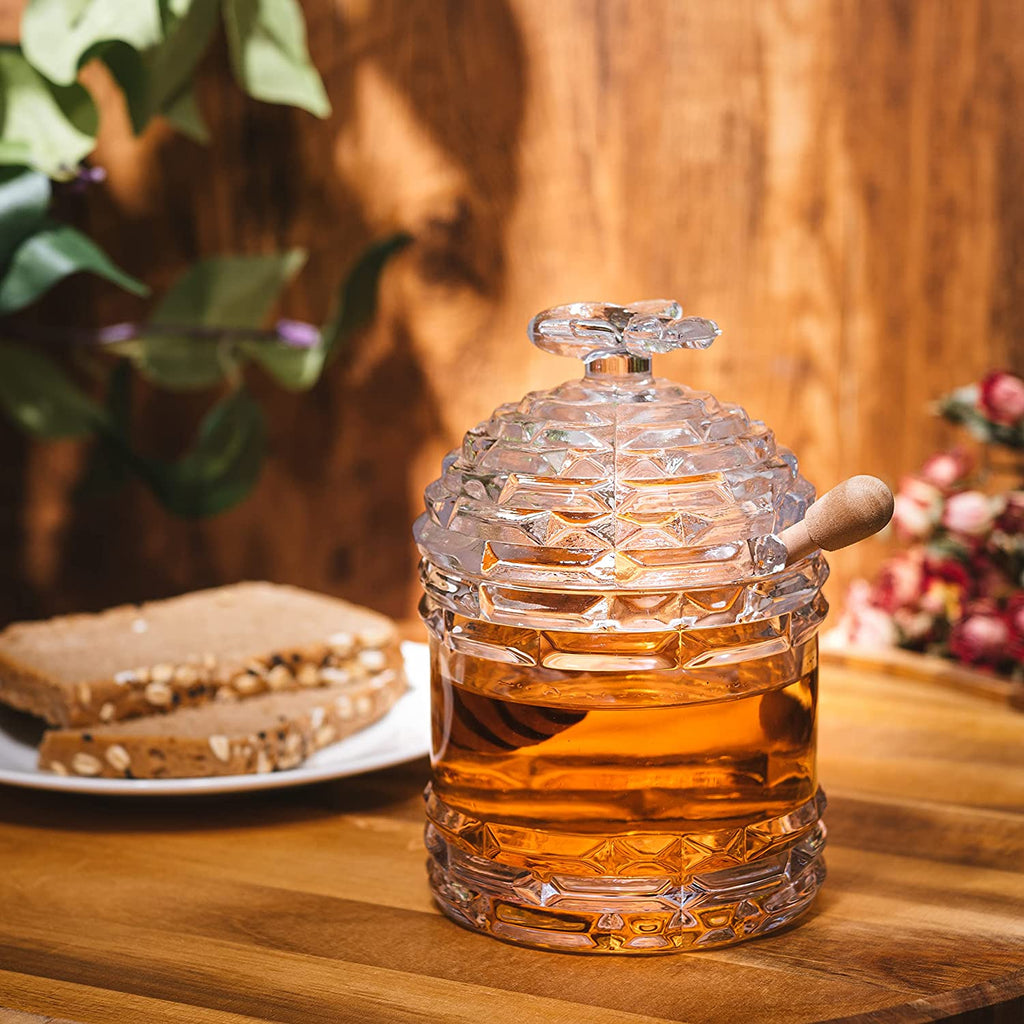 Crystal Bee Honey Dish Jar, Gift 6" - Glass Honey Pot with Dipper and Lid Cover for Home Kitchen Honey and Syrup, Gorgeous Bee Decor Beehive Honey Pot, Great for Jam, Honey, Jelly 14oz-3