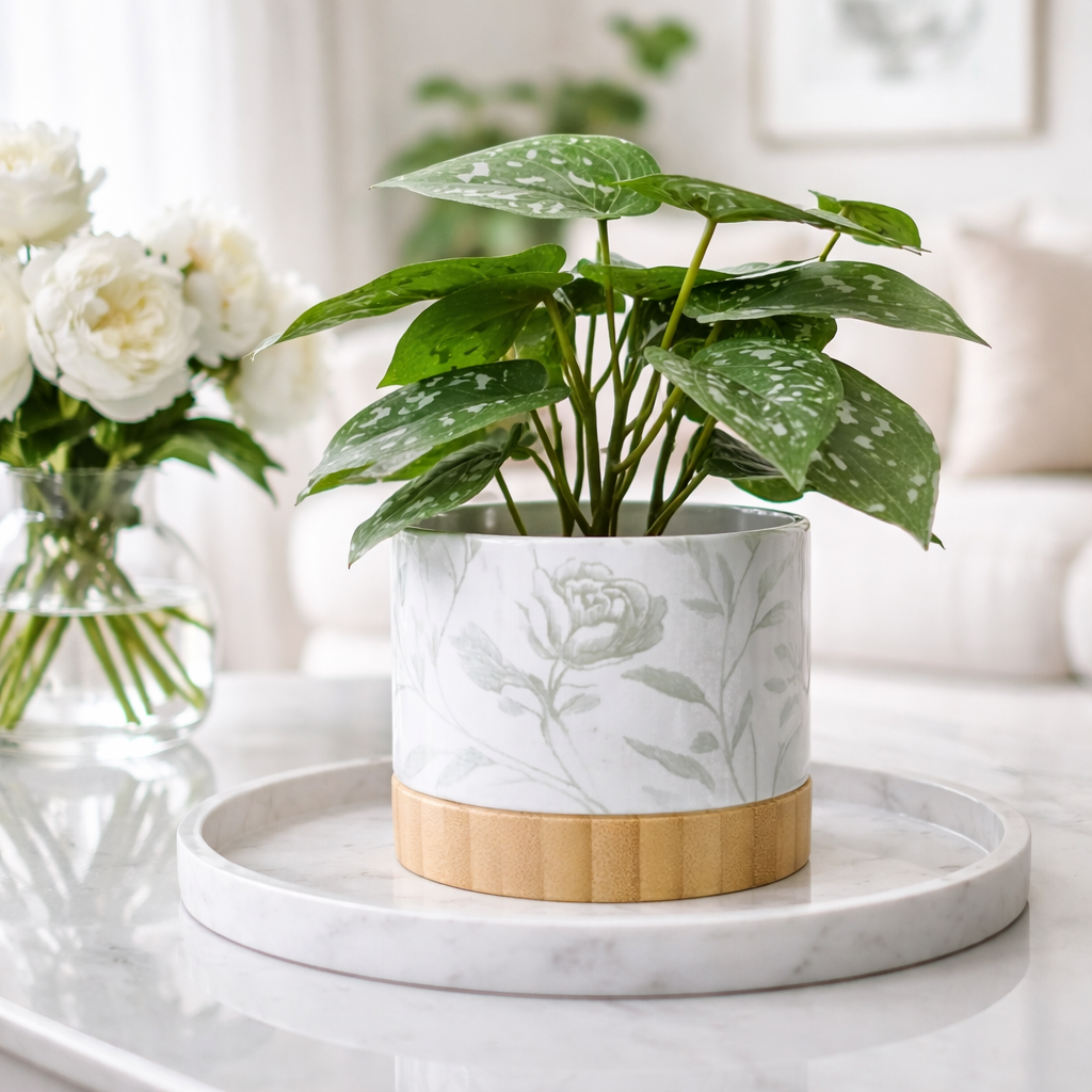 Petal & Print Ceramic Planter with Bamboo Tray 2 Designs MADE IN USA
