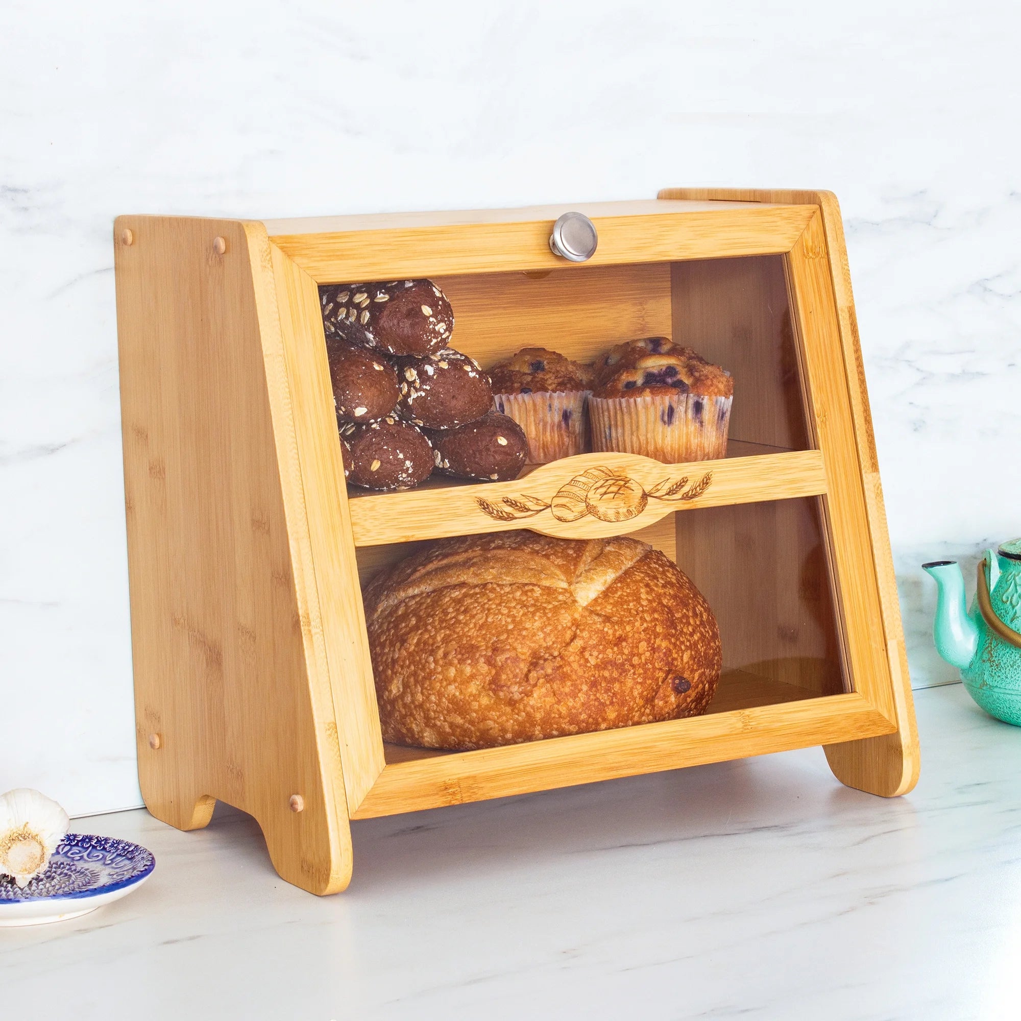 Double Layer Farmhouse Style Bamboo Bread Box with Window
