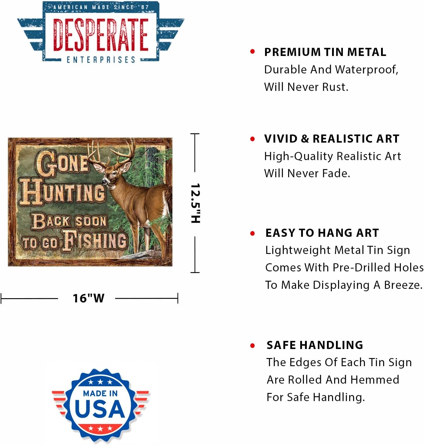 Gone Hunting Tin Sign - Nostalgic Vintage Metal Wall Decor - Made in USA