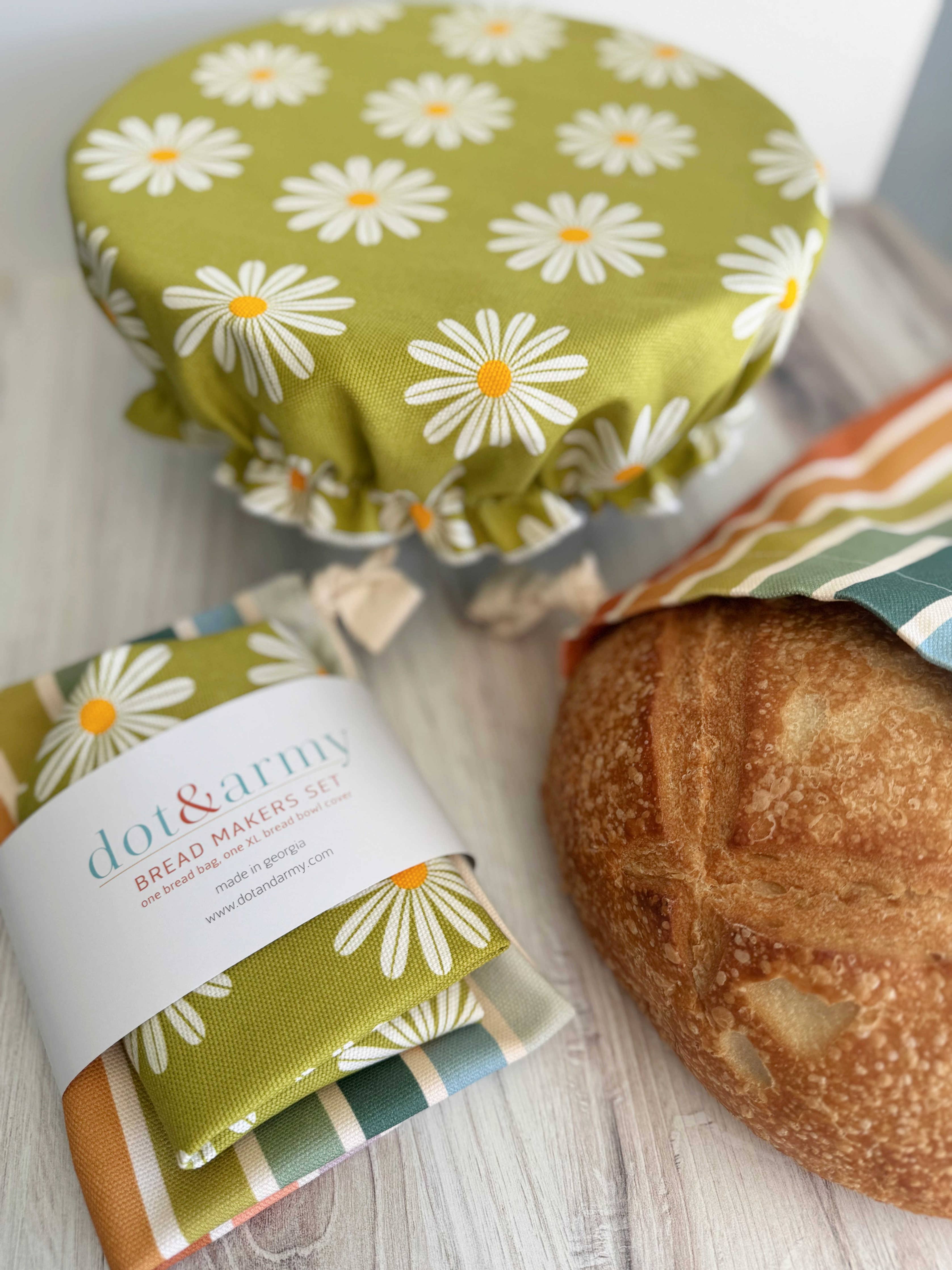 Daisy & Stripe Bread Maker’s Set, Linen Bowl Cover & Bread Bag MADE IN USA!