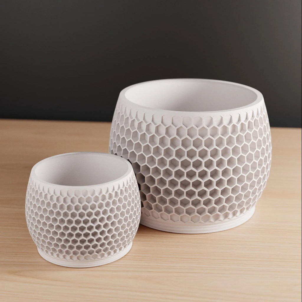 Wood Honeycomb Planter, Unique 3D Printed Plant Pot with Drainage & Saucer for Houseplants, 9 Color Options, Small to Large, 4 5 6 7 8 Inch