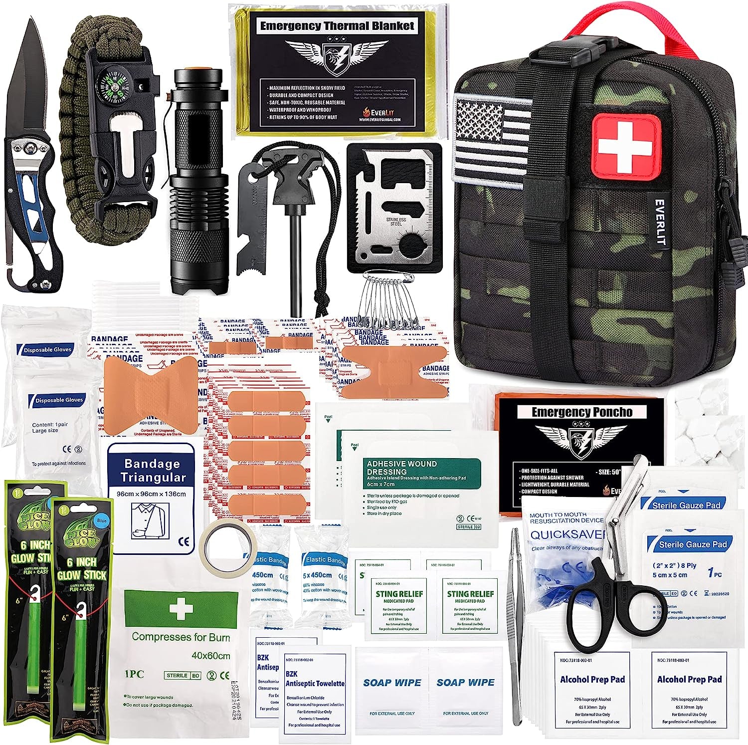 250 Pieces Survival First Aid Kit IFAK EMT Molle Pouch Survival Kit Outdoor Gear Emergency Kits Trauma Bag for Camping Boat Hunting Hiking Home Car Earthquake and Adventures