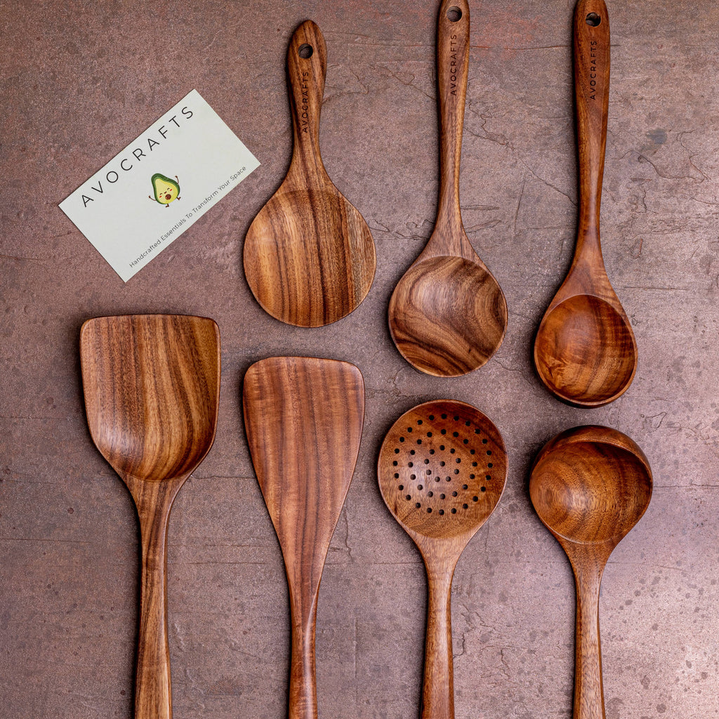 Teak Wood Handmade Kitchen Utensil Set with Holder | 7-Piece | Includes FREE Handmade Bowl Cozy