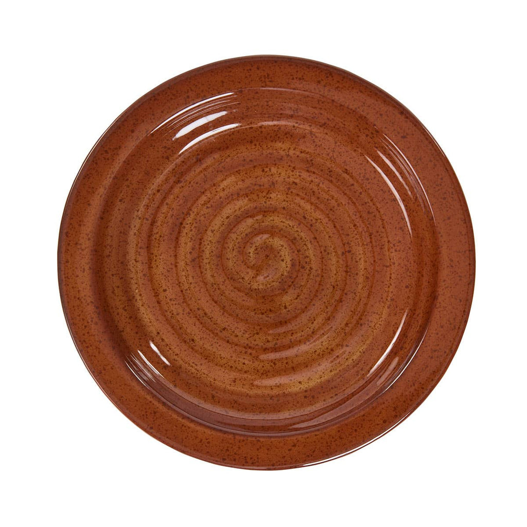 Park Designs Sinclair Tomato Soup stoneware salad plate in russet red-brown reactive glaze with concentric spiral embossed texture, top-down product view"