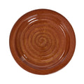 Park Designs Sinclair Tomato Soup stoneware salad plate in russet red-brown reactive glaze with concentric spiral embossed texture, top-down product view"