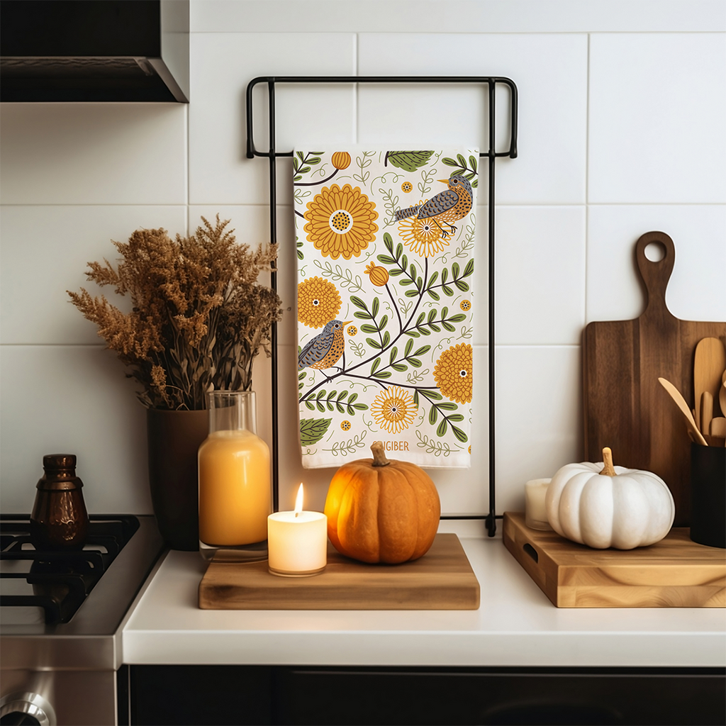 Gingiber Mums & Robins Tea Towel | Artisan-Illustrated Cotton Kitchen Towel