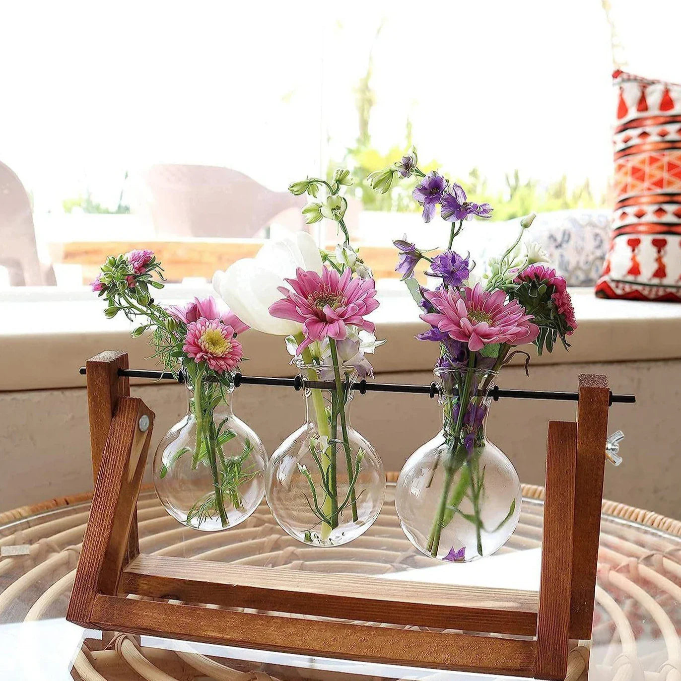 Wooden Base Glass Vase - Plant Holder & Propagation Station for Hydroponic Plants, Desktop Terrarium with Wooden Stand, Stylish Home & Office Décor, Great Gift for Plant