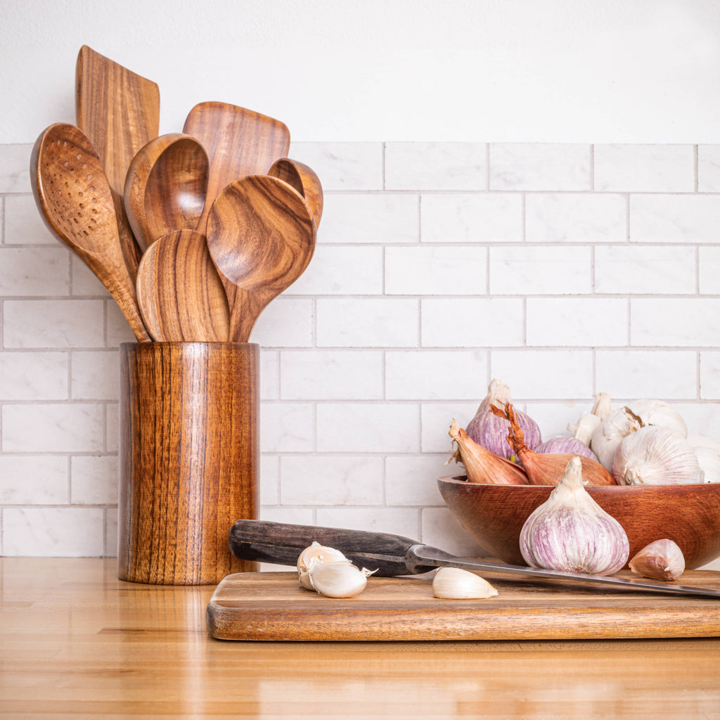 Teak Wood Handmade Kitchen Utensil Set with Holder | 7-Piece | Includes FREE Handmade Bowl Cozy