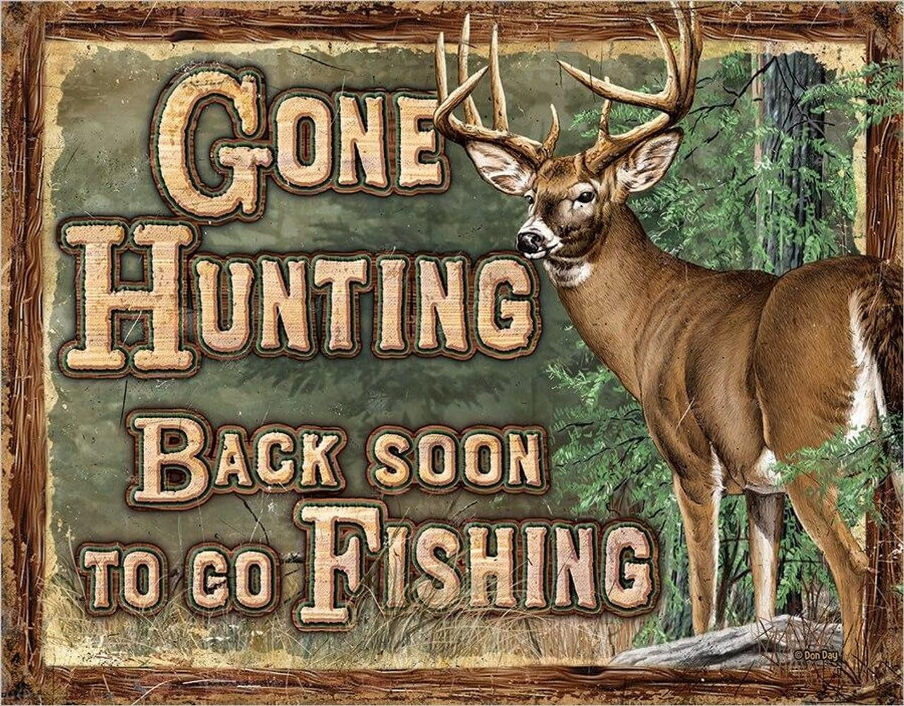 Gone Hunting Tin Sign - Nostalgic Vintage Metal Wall Decor - Made in USA