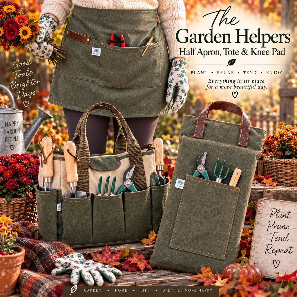 Celtic Farm Gardeners Gift Bundle — hunter green waxed canvas half apron, garden tote, and kneeler displayed in autumn garden setting with fall flowers, tools, and leaves — The Garden Helpers collection