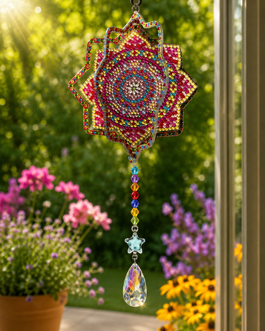 (bright editorial garden window): Handcrafted mandala sun catcher and wind spinner hanging in a bright sunny window with a colorful garden view, showcasing the vibrant hand-placed bead mandala, rainbow faceted bead strand, star accent, and prism drop — by Sleeping Whiskers Studio