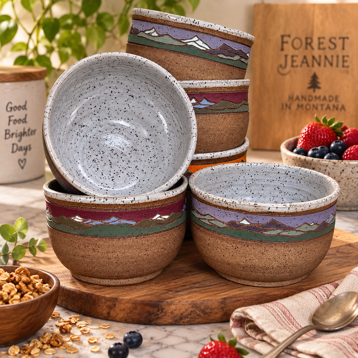 Lifestyle shot — all bowls styled on wood board with berries, granola, Forest Jeannie sign:

"Forest Jeannie handmade mountain landscape stoneware bowls styled on a wooden board with fresh berries and granola — artisan pottery handmade in Montana"