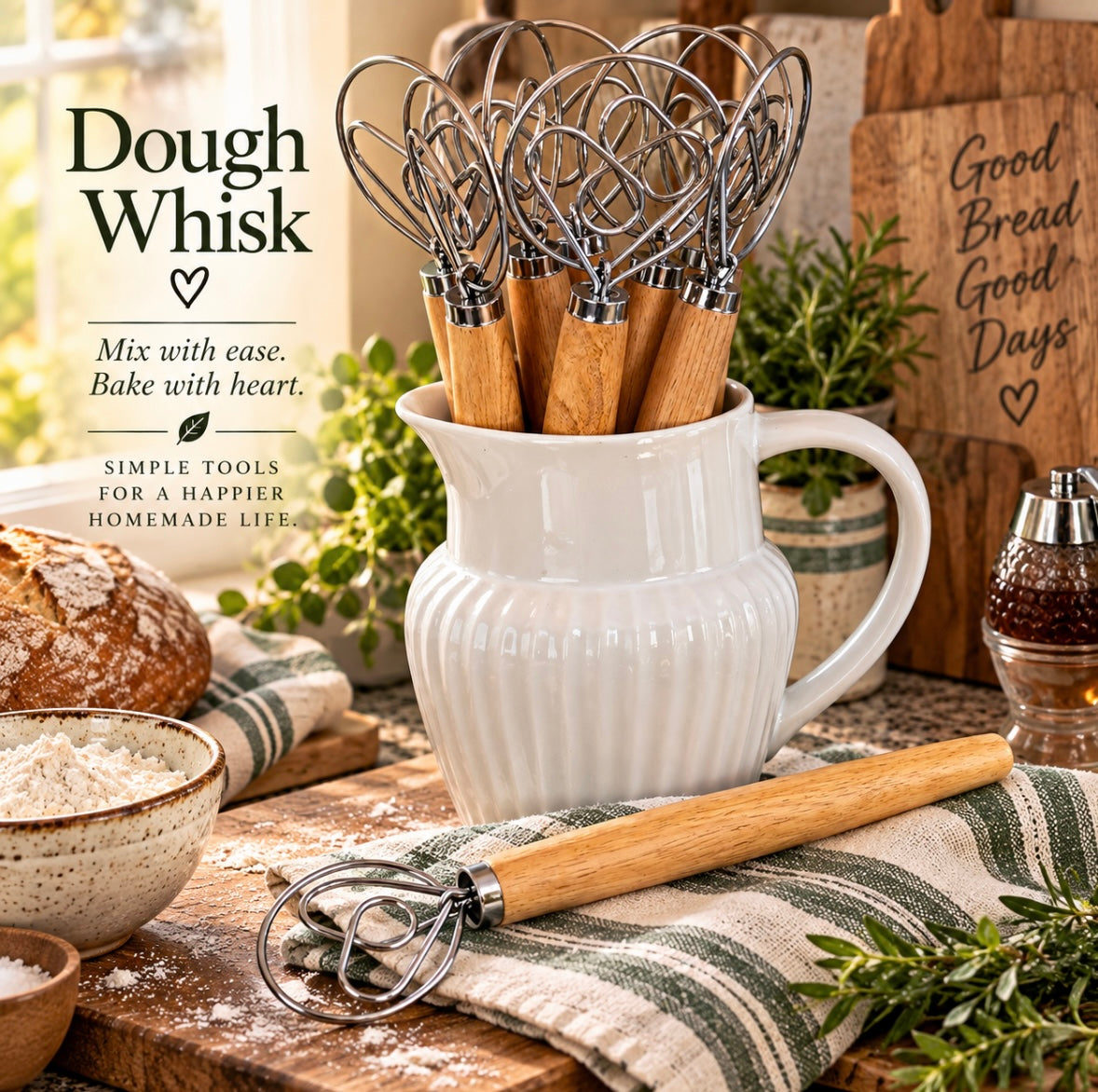 Danish Dough Whisk, 13-Inch, Heart-Shaped Stainless Steel with Wood Handle