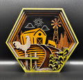 Hexagonal layered wood farm shelf sitter with a yellow barn, rooster, cow, windmill, corn stalks, and etched sun and clouds.