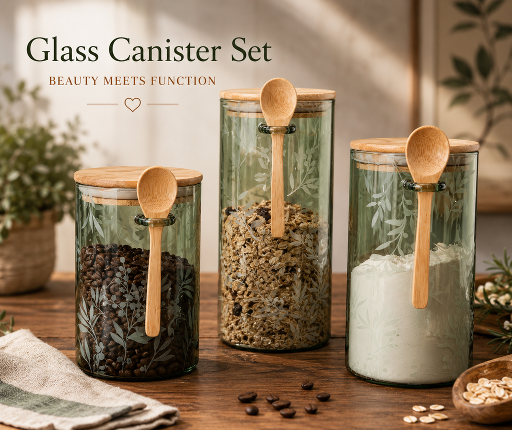 Glass Canisters, Green Floral Etched, Bamboo Lids w/Spoon, Set of 3