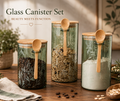 Glass Canisters, Green Floral Etched, Bamboo Lids w/Spoon, Set of 3