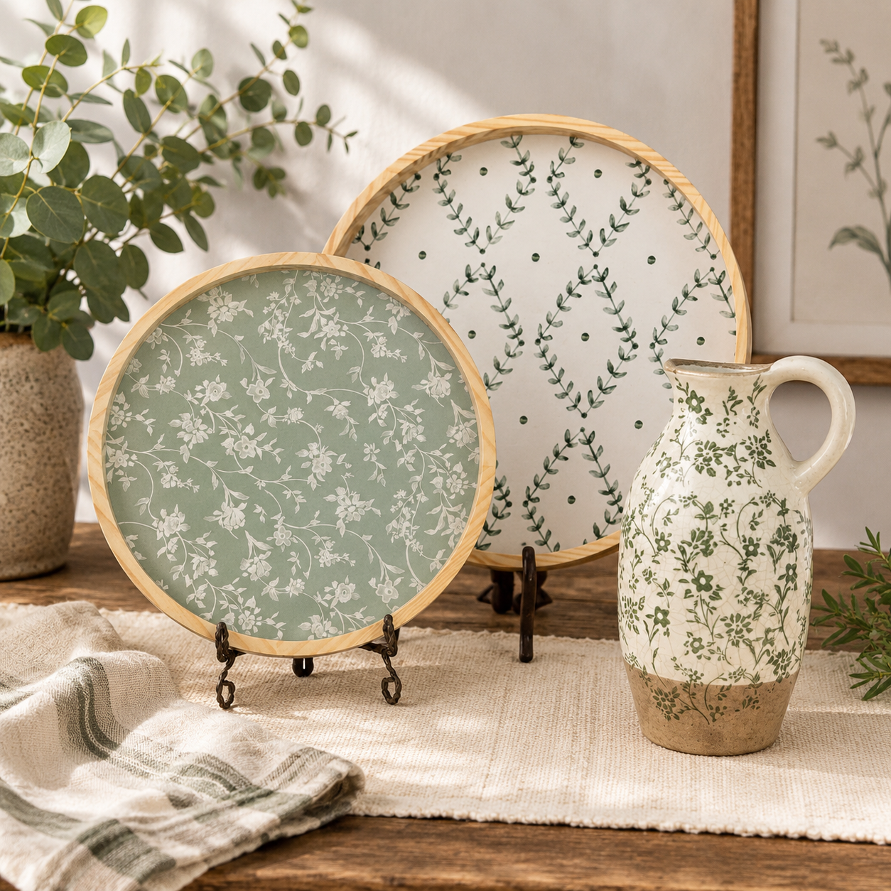 Natural Wooden Round Coordinating Decorative Print Trays, Set of 2