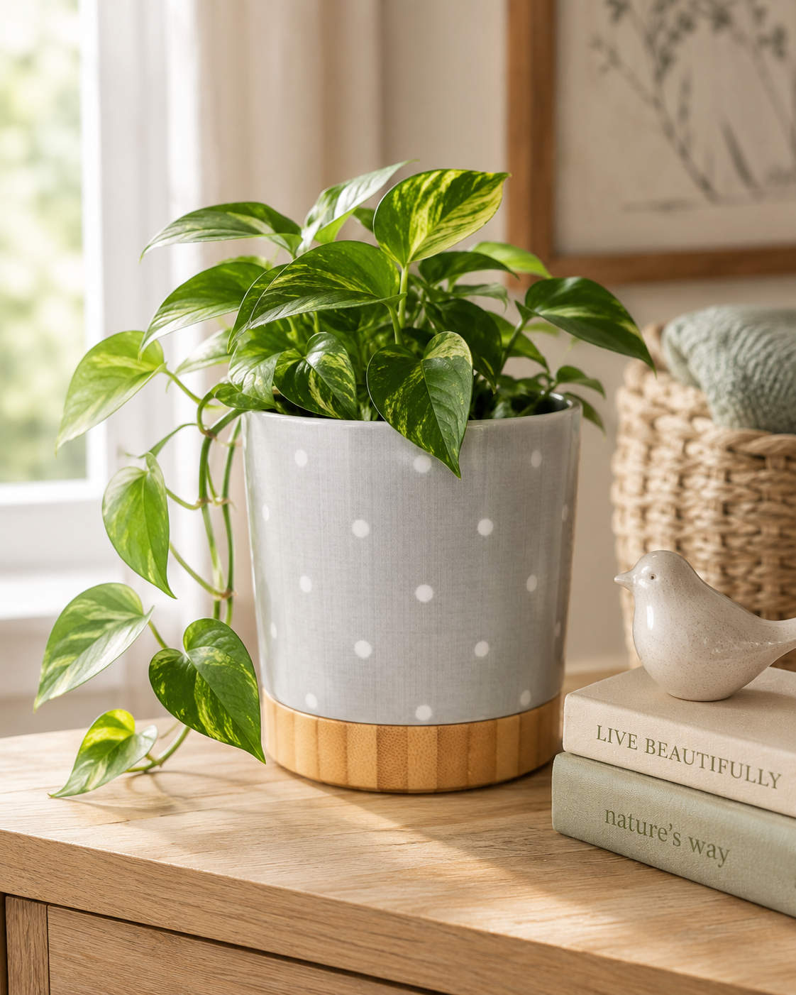 Light grey ceramic polka dot planter with bamboo tray, holding a trailing pothos on a light wood surface styled with books and a bird figurine