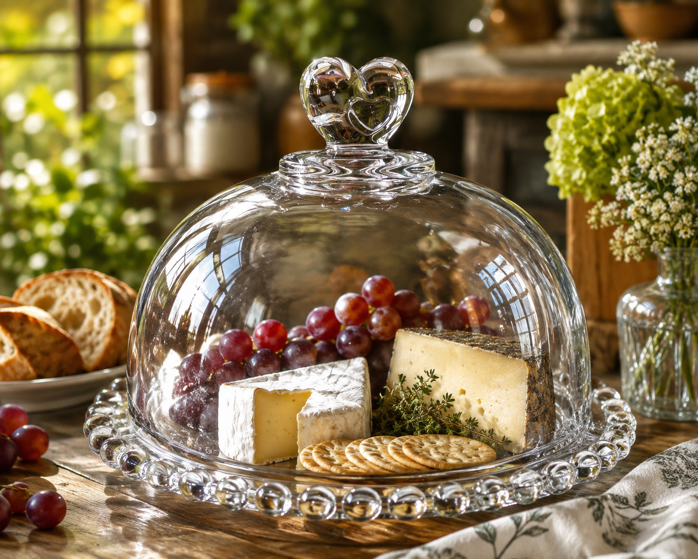 A clear glass cloche dome with a heart-shaped lid topper sits on a decorative glass platter, displaying cheese wedges, red grapes, crackers, and herbs on a wooden table in a warm, sunlit kitchen setting.