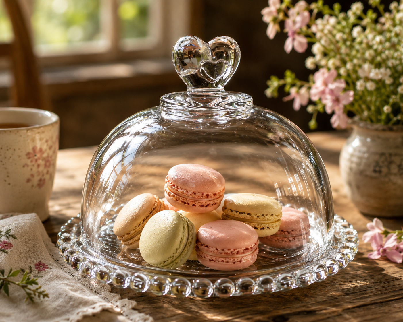 A clear glass cloche dome with a heart-shaped top handle sits on a matching glass tray, displaying pastel pink, yellow, and beige macarons on a rustic wooden table. A floral mug is on the left, and a vase of pink flowers is on the right, creating a warm, cozy atmosphere.