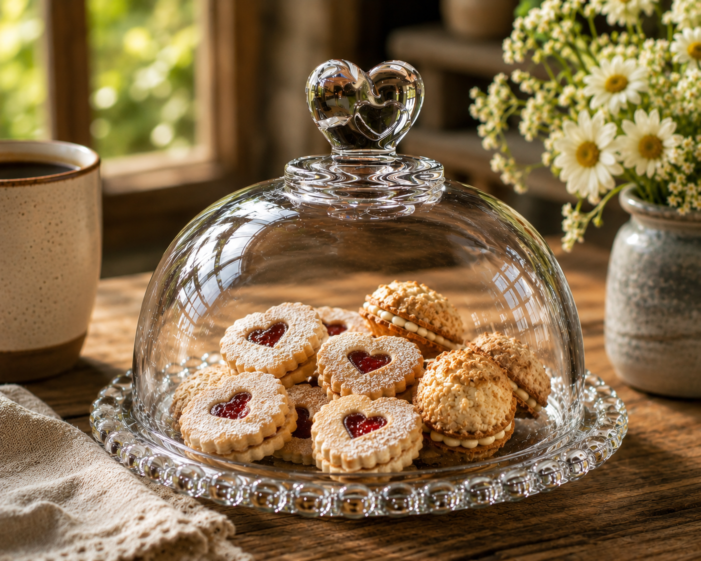 A glass cloche dome with a heart-shaped handle sits on a wooden table, covering a cluster of heart-shaped jam cookies. A ceramic mug is on the left, and a vase of white daisies is on the right, in a warm, rustic setting.