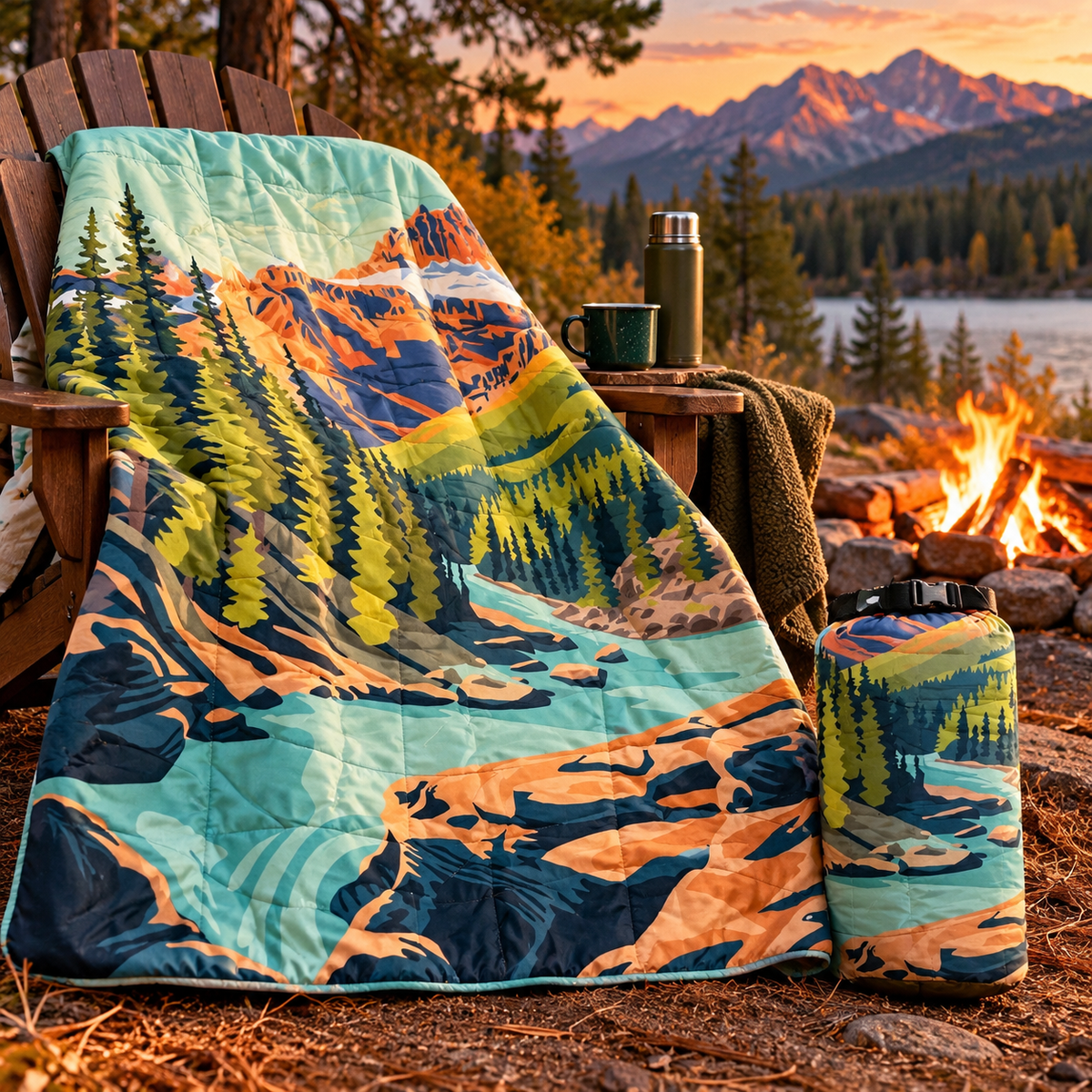 The Montana Scene Wildwood Stream outdoor picnic blanket draped over an Adirondack chair by a campfire at sunset, with mountain lake views and the rolled carrying bag beside it"